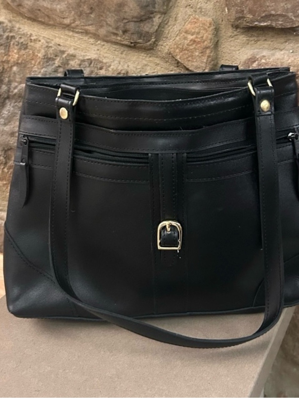 Elegant Black Shoulder Bag with Gold Buckle